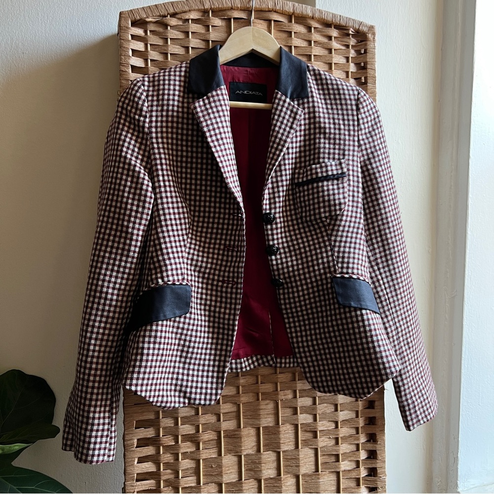 Designer Andiata Wool Blazer (Black, Red, and White plaid)